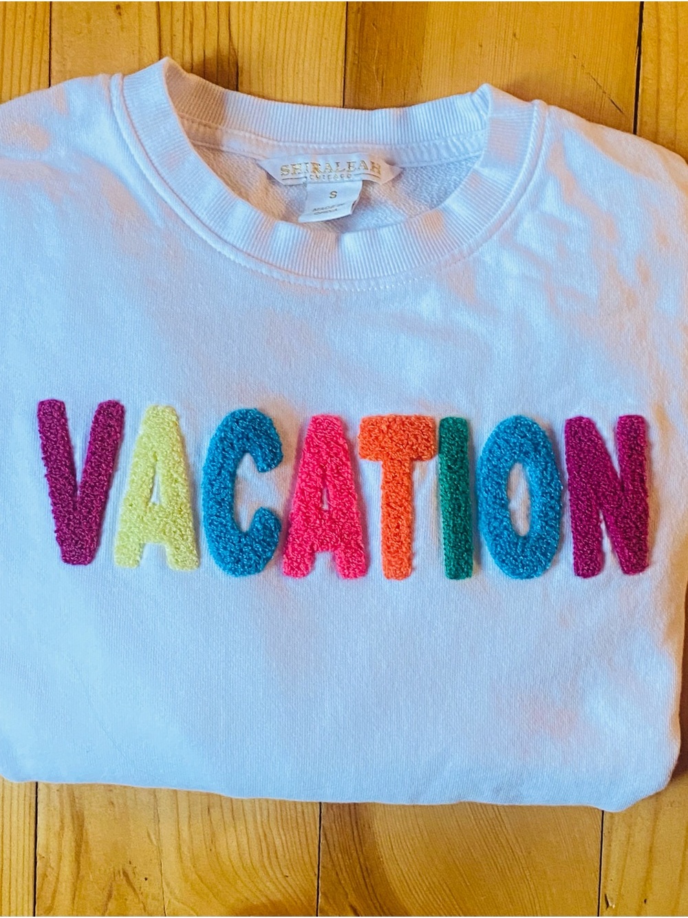 Shiraleah of Chicago "VACATION" White Sweatshirt with Colorful Chenille Letters